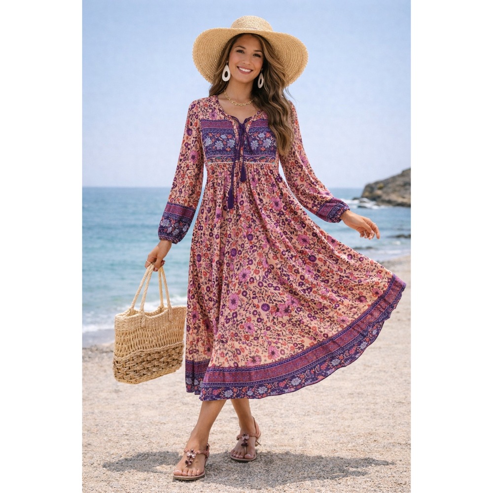 R. Vivimos Anthropologie Midi Dress Sz XS Pink Colorful Long Sleeve Boho Spring